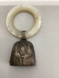 Vintage Webster Sterling Silver Baby 'birth Record' Rattle With A Mother-of-pearl Teething Ring