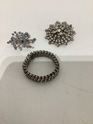 Vintage Rhinestone Brooches And A Rhinestone Expansion Bracelet