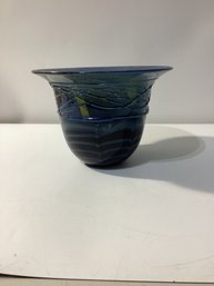 Vintage Blue Art Glass Bowl Signed Illegibly