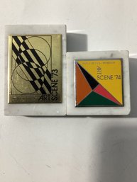 2 Lapel Pins Temple Beth-El Presents', 'Art Scene '73' & 'Art Scene '74'
