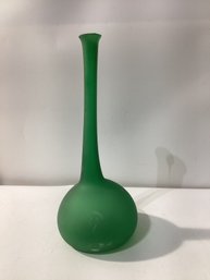 Green Satin Art Glass Bud Vase Signed Illegibly
