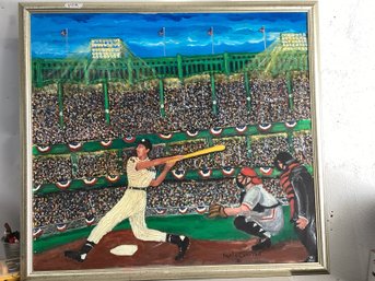 Very Large Oil On Canvas Painting Of A Baseball Game At Yankee Stadium Signed Paolo Corvino