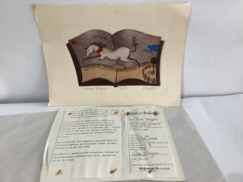 Limited Edition Hand-colored Etching Titled 'Unicorn Escapes' By  Peter Barger 31/125