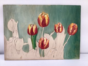 Unframed Oil On Board Of Tulips