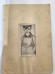 Drawing Of A Young Boy Wearing Suspenders And A Collared Shirt Signed Illegibly