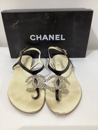 Chanel Black Lambskin Leather Thong Sandals Featuring A Crystal-embellished CC Logo Size 38