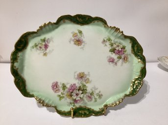 Limoges France Floral Platter Featuring A Scalloped Rim With Green And Gold Detailing