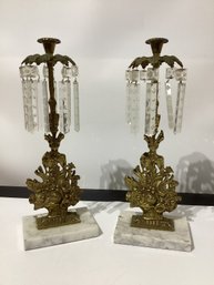 Irandole Brass Crystal Flower Basket Candelabras W/Marble Bases