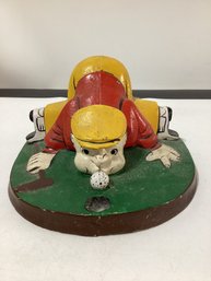 Vintage Cast Iron Doorstop Depicting A Golfer Lining Up A Putt