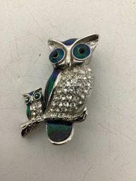 Vintage 'Mom And Baby' Owl Brooch Featuring Blue And Green Enamel Accents And Clear Rhinestones