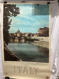 1970's Travel Poster View Of The Castel Sant'Angelo Bridge & St. Peter's Basilica Rome