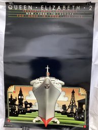 1980's Cunard Line Travel Poster For The Queen Elizabeth 2 (QE2) Designed By J. Olsen