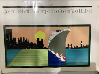 980s Cunard Line Poster  Queen Elizabeth 2 Ocean Liner Traveling Between New York And Europe