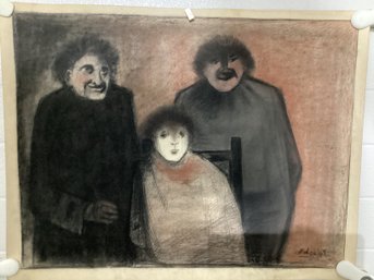 Pastel Drawing Of 3 People Signed Illegibly