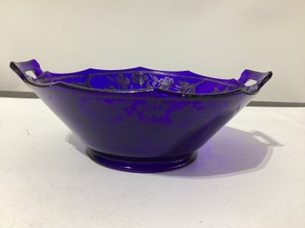 Vintage Cobalt Blue Glass Pedestal Bowl With  Overlay In A Floral Pattern