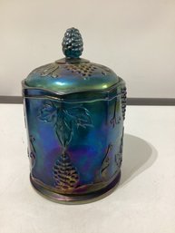 Vintage Indiana Glass Canister In The Harvest Grape Pattern, Featuring A Blue Iridescent Carnival Glass Finish