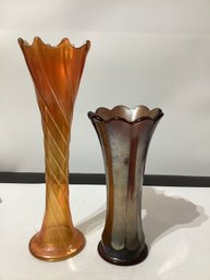Vintage Carnival Glass Vases 1 Is 'Ribbed Twist' Pattern  1 Is Swung Vase,