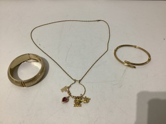 Gold Tone Necklace, 2 Bangel Bracelets Wide One Is Sarah Coventry