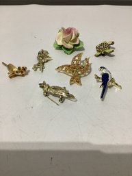 Vintage Animal-themed Costume Jewelry Brooches Including A Gerry's Dove And Bone China Flower