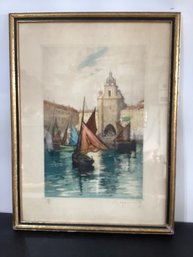 Print  Titled 'Le Port De La Rochelle' Signed E.R.Lessieux Numbered 128/?