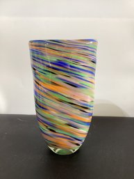 Multicolored Hand Blown Art Glass Vase Murano Style Swirls Of Colors