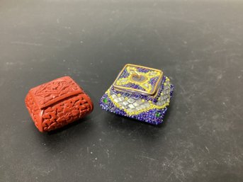 Chinese Carved Cinnabar Lacquer Box & Beaded Trinket Box