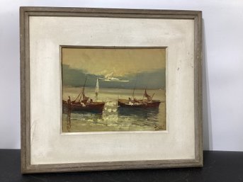 Oil On Board Coastal Scene With Boats In A Harbor Signe Rilli