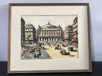 Seguie Watercolor Print Of 'Paris - Place De L'Opera' Paris Street Scene 1940-50