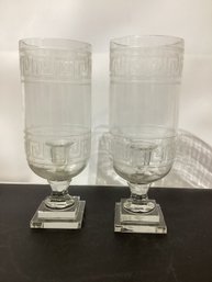 Pair Of Etched Glass Greek Key Hurricanes