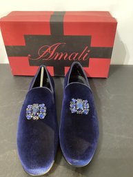 Amali 'Tiago' Navy Blue Velvet Smoking Slippers Size 9.5