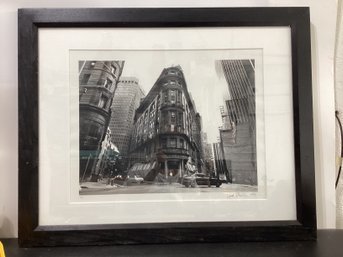 Framed Black And White Photo Of  The Iconic Triangular Architecture Of The Delmonico's Building In NYC