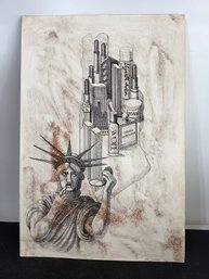 Editorial Illustration Features The Statue Of Liberty Applying Lipstick Signed Bob (robert) Strimban