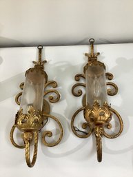 Pair Of Vintage Ornate Gold-finished Metal Wall Sconces