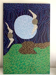 Sophy Bevan Modern Pointillist Style Acrylic On Canvas 'Flying Grapes Across The Moon'