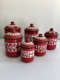 Vintage French Red-and-white Enameled Kitchen Canisters