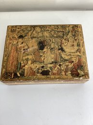 Vintage Wooden Trinket Or Jewelry Box Featuring A Medieval- Or Renaissance-style Tapestry Scene