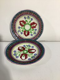 Vintage Or Antique Hand-painted Stick Spatter/spongeware Ceramic Plates