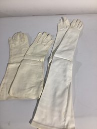 Vintage, Off-white Or Cream-colored Leather Long Gloves Opera Or Gauntlet Style