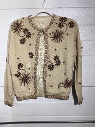 Vintage 1950s Cream Or Beige Hand-beaded Wool And Angora Cardigan Sweater