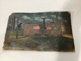 Un-stretched Oil On Canvas  Industrial Or Urban Factory Scene From The Estate Of Oscar Fisher