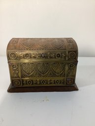 Antique English Oak And Embossed Art Nouveau Brass Desk Top Letter And Stationery Box C1900