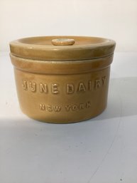 Vintage June Dairy, New York Yellow-ware Advertising Butter Crock