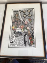 Mixed Media Paper Collage With Detailed Black And Ink Linework Signed E Ginsburg