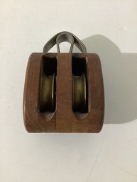 Double-sheave Varnished Wood Nautical Pulley Block  Polished Brass Wheel Sheaves & A Metal Strap
