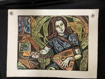 Irving Amen Color Woodcut Titled ' Musician' 177/200  Signed
