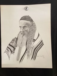 Print Of A  Jewish Rabbi Wearing A Tallit (prayer Shawl) And Kippah, Signed By Judaica Artist Nesa Treibitz