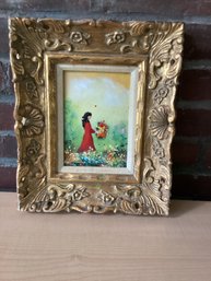 Girl With Bouquet Enamel On Copper Signed FCE Wing