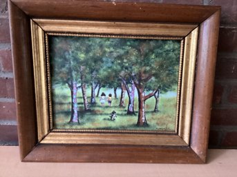 Walking Thru The Park Enamel On Copper Signed Mingolla