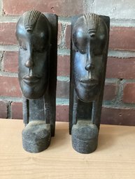VINTAGE HAND CARVED EBONY WOOD SCULPTURE AFRICAN TRIBAL BOOKENDS