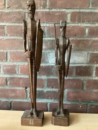 Pair Vintage Carved Wood Don Quixote Man Of La Mancha Statues With Spears